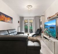 Wohnzimmer einer 3-Zimmer-Wohnung mit Ledersofa und Fernseher in der Vukovarská Straße.