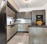Moderne Küche mit Kühlschrank, Geschirrspüler und Bartheke in einer 3-Zimmer-Wohnung in der Vukovarská-Straße.