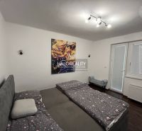 Schlafzimmer mit Bett und Bild, Zugang zum Garten durch das Fenster, Einfamilienhaus.