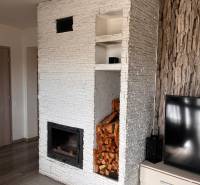 Innenraum eines Einfamilienhauses mit Kamin, Fernseher und Holz, Boden mit Holzdekor.