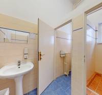 Büros mit Waschbecken, Fliesen und Duschkabine, Boden mit Keramikdekor.