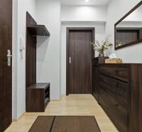 Eingangsflur in einer 2-Zimmer-Wohnung, mit dunklen Möbeln und einem Boden in Holzoptik.