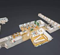 3D-Grundriss eines Büros mit Holzboden und verschiedenen Räumen und Einrichtungen.