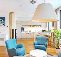 Wohnbereich im Büro mit Sesseln, Lampe, Fernseher und Pflanzen.