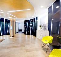 Empfangsbereich von Büros mit Holzboden und einer grünen Wand.