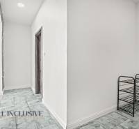 Flur in einer 2-Zimmer-Wohnung mit einem Holzboden und einem Schuhregal.