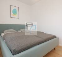 Schlafzimmer mit Bett und minimalistischer Dekoration in einer 2-Zimmer-Wohnung, Boden mit Holzdekor.