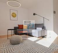 Wohnzimmer in einer 2-Zimmer-Wohnung mit Holzboden, grauem Sofa und moderner Beleuchtung.