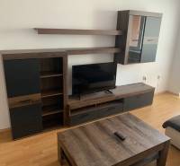 Wohnzimmer mit dunklen Möbeln und Holzboden in einer Zweizimmerwohnung.