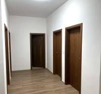 Ein Flur mit einem Boden in Holzdekor in einer 4-Zimmer-Wohnung und Türen in Holzoptik.