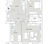 Grundriss einer 4-Zimmer-Wohnung mit offenem Wohnzimmer, Küche und Badezimmer.