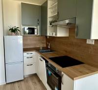 Küche mit Ausstattung und Holzboden in einer 2-Zimmer-Wohnung.