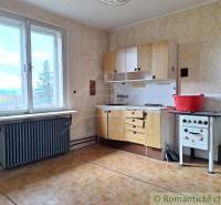 Küche in einem Einfamilienhaus mit einem Retro-Herd, einem Boden mit Holzdekor und Aussicht.