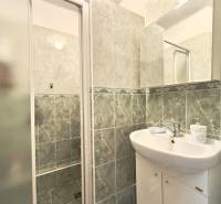 Badezimmer mit Waschbecken und Duschkabine im Einfamilienhaus.