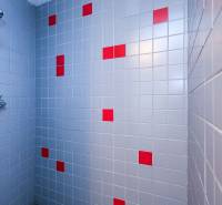 Duschkabine mit blauen und roten Fliesen, Gärten.