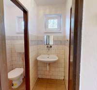 Badezimmer mit Waschbecken, WC und Fliesen in einer Hütte, mit kleinen Fenstern und einfachem Design.