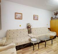 Wohnzimmer in der Hütte mit Sofa, Schrank, Couchtisch und Boden mit Holzdekor.