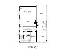 Grundriss des Erdgeschosses der Hütte mit Zimmer, Küche und Lagerräumen.