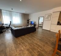 Wohnzimmer einer Zweizimmerwohnung mit dunklem Sofa und Arbeitsecke.