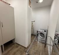 Eine Nische mit Waschmaschine, Trockner und Schrank in einer 2-Zimmer-Wohnung; Boden mit Holzdekor.