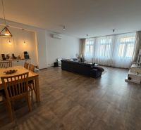 Wohnzimmer mit Holzboden in einer Zweizimmerwohnung, Ess- und Wohnbereich.