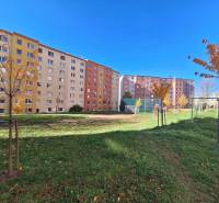 Wohngebäude in der Straße Federátov in Prešov mit einem Kinderspielplatz und Bäumen.