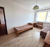 Ein Zimmer in einer 3-Zimmer-Wohnung mit einem Boden in Holzoptik, grundlegenden Möbeln und einem großen Fenster.