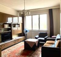 Wohnzimmer in einer 3-Zimmer-Wohnung mit Möbeln, Teppich und großem Fenster.