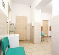 Ein Wartezimmer in Büros mit türkisfarbenen Stühlen und hellen Wänden.