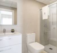 Badezimmer einer Ferienwohnung mit Toilette, Waschbecken und Dusche.