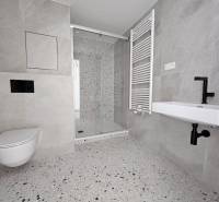 Badezimmer mit Toilette, Duschkabine und Heizkörper in einer Einzimmerwohnung.