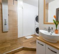 Badezimmer in einer 3-Zimmer-Wohnung mit Waschbecken, Duschkabine und Waschmaschine, mit einem Boden in Holzoptik.