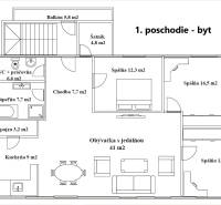 Grundriss einer Wohnung mit Wohnzimmer, Esszimmer, drei Schlafzimmern, Badezimmer, WC und Loggia.