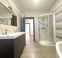 Badezimmer in einem Einfamilienhaus mit Doppelwaschbecken, Duschkabine und Boden mit Holzdekor.