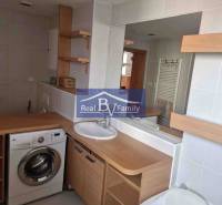 Badezimmer in einer 2-Zimmer-Wohnung mit Waschmaschine, Waschbecken und Badewanne, ausgestattet mit Holzdekor.