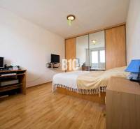 Schlafzimmer in einer 2-Zimmer-Wohnung mit Holzboden, Spiegelschrank und Schreibtisch.