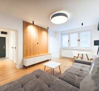 Wohnzimmer mit Sofa, Esstisch, Holzboden-Dekor in einer 2-Zimmer-Wohnung.