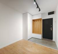 Eingangsflur mit Holzboden und Einbaumöbeln in einer 2-Zimmer-Wohnung.