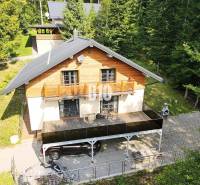 Eine Hütte in Terchová, umgeben von Wald, mit Terrasse, Auto, Grill und Holzelementen.