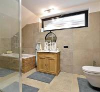 Badezimmer mit Badewanne, Dusche, Spiegel und Schrank in der Hütte. Helle Fliesen und Bodenbeläge.