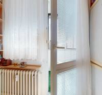 Küche in einer 3-Zimmer-Wohnung mit Regalen, Heizkörper und verglasten Balkontüren.