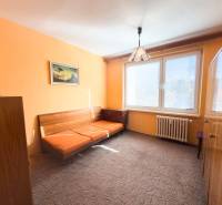 Ein Zimmer in einer 3-Zimmer-Wohnung mit orangefarbenen Wänden, einem Sofa und einem großen Fenster.