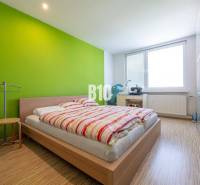 Schlafzimmer in einer 4-Zimmer-Wohnung mit Holzboden und grüner Wand.