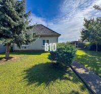 Ein Einfamilienhaus in Ondrejovce mit einem Rasen im Garten, zwei Bäumen und einem Strauch am Gehweg.