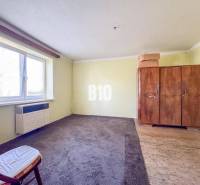 Ein Zimmer in einem Einfamilienhaus mit Teppich, einem alten Schrank und einem Sessel.