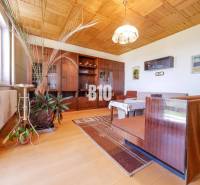 Wohnzimmer in einem Einfamilienhaus mit Holzboden und Holzdecke.