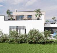 Ein Einfamilienhaus mit Terrasse, umgeben von Grün, Parkplatz für ein Auto, blauer Himmel.