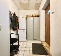 Innenraum eines Einfamilienhauses mit Kühlschrank, Schrank und Jacken an der Garderobe.