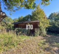 Eine Hütte in Lackov, umgeben von Gras und Bäumen an einem sonnigen Tag.