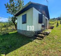 Eine Holzhütte mitten in den Weinbergen von Nitra, umgeben von Grün und Bäumen.